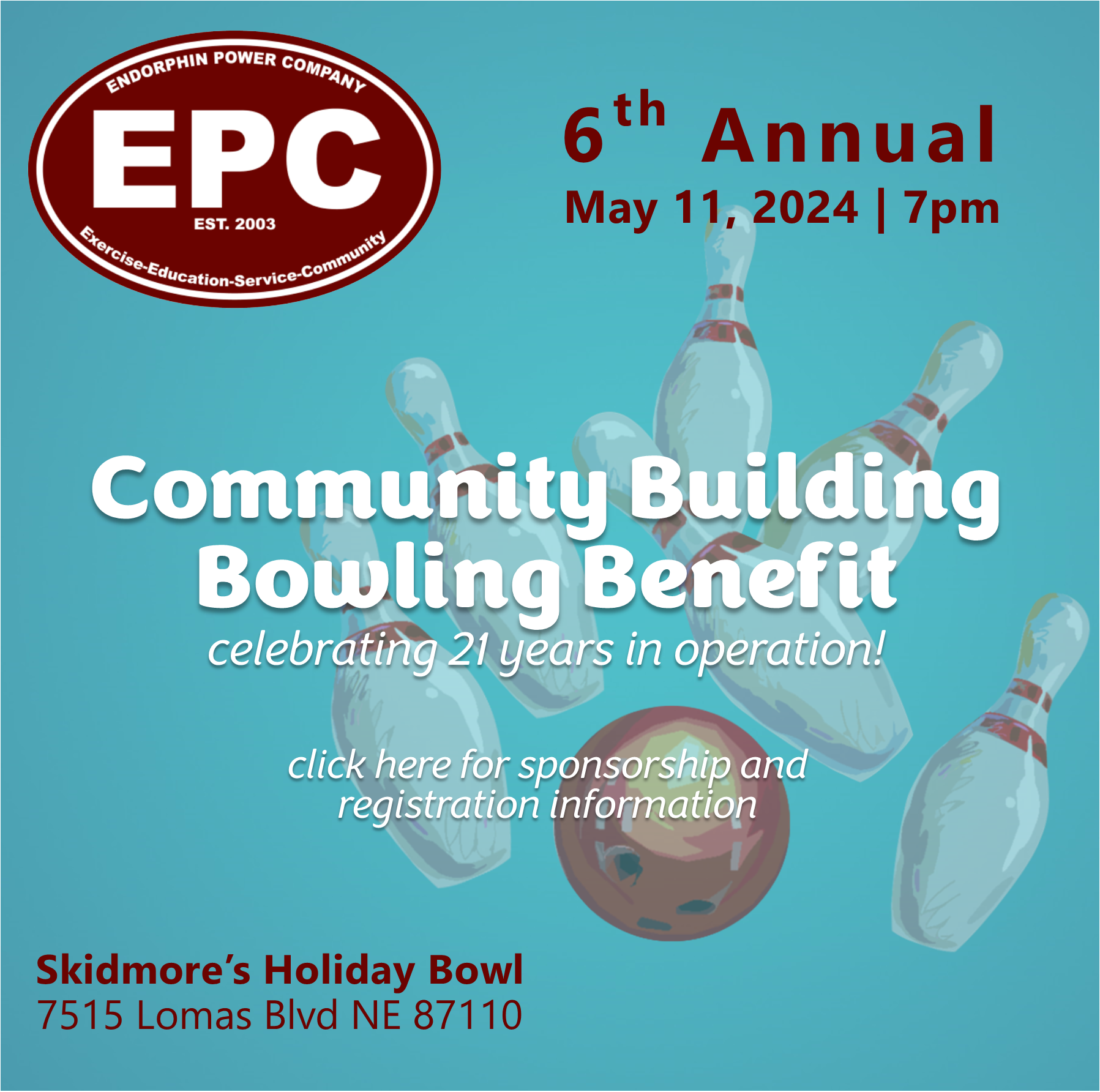 2024 Bowling Benefit<br />
May 11, 2024 7-9pm<br />
Skidmore's Holiday Bowl